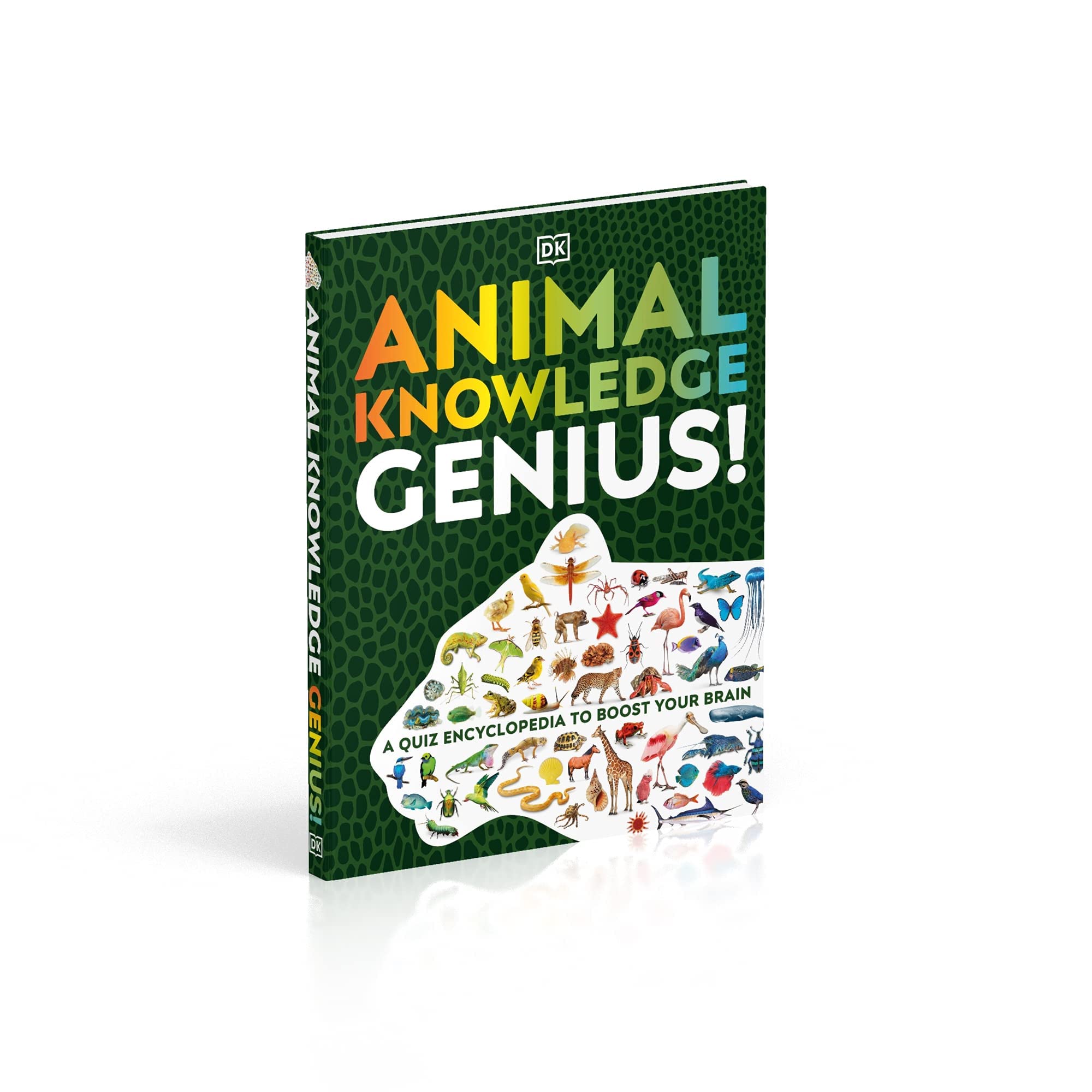 Animal Knowledge Genius Encyclopedia by D.K. Publishing, showcasing vibrant cover design of diverse animals and educational themes.