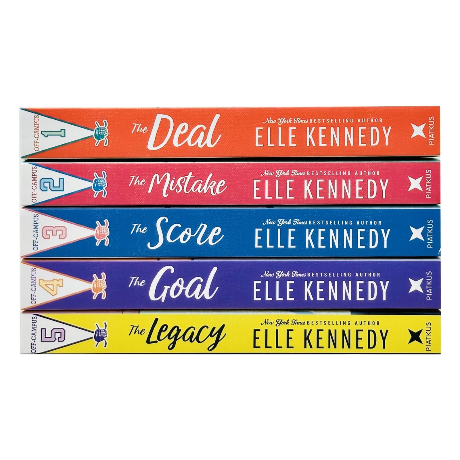 Five paperback books from the Off Campus Series by Elle Kennedy, featuring modern fiction covers and spines.
