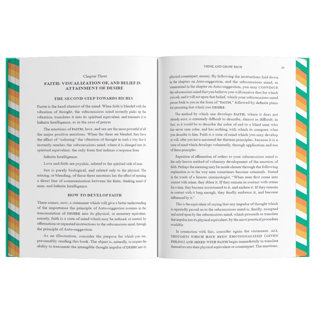 Hardback edition of "Think and Grow Rich" by Napoleon Hill with sprayed edges, showcasing the book cover design.