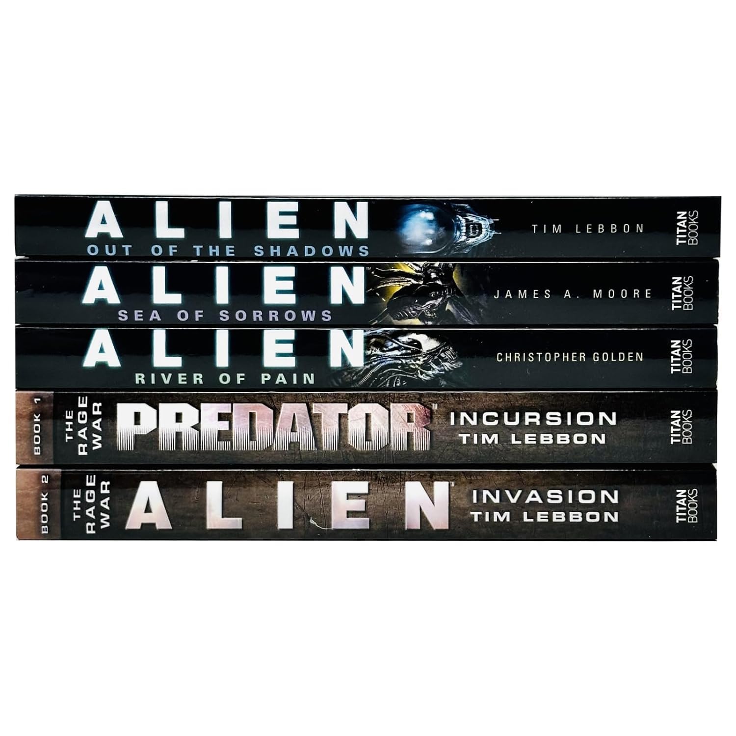 Five paperback books from the Alien Series by Various Authors, featuring sci-fi fiction from Titan Ltd.