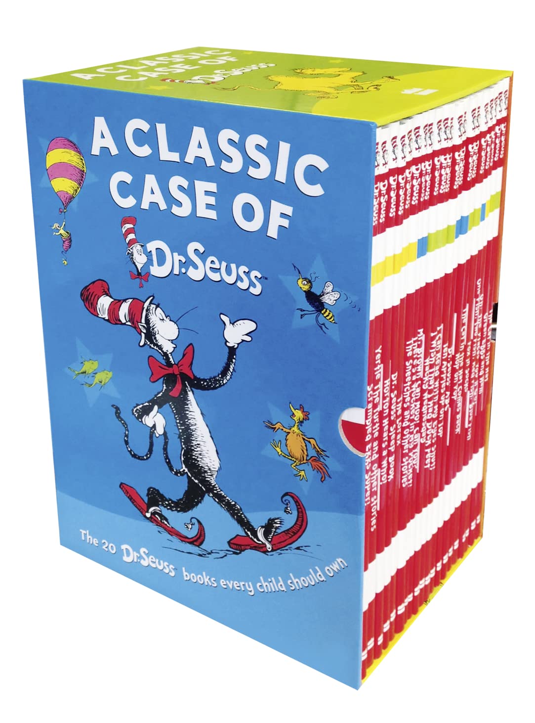 Dr. Seuss 20 books collection set in paperback, featuring classic stories for children ages 3-7, stacked on a table.