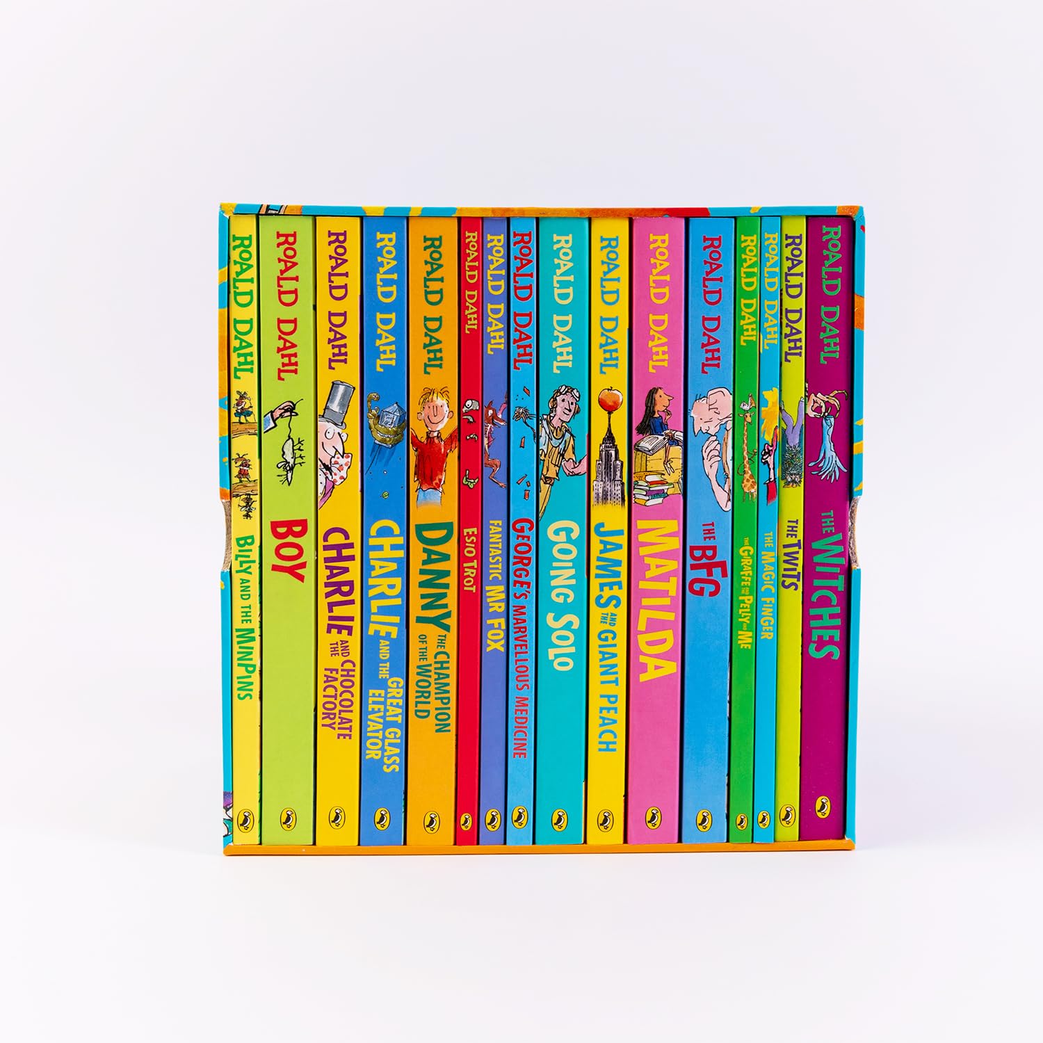 Roald Dahl paperback box set with 16 books for ages 7–12, featuring colorful covers and classic stories by Penguin.