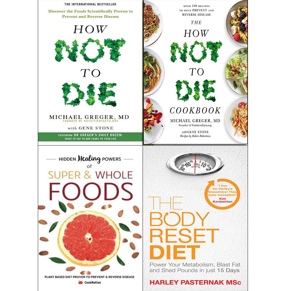 Four paperback books from the "How Not to Die" series by Michael Greger, showcasing health and nutrition topics.