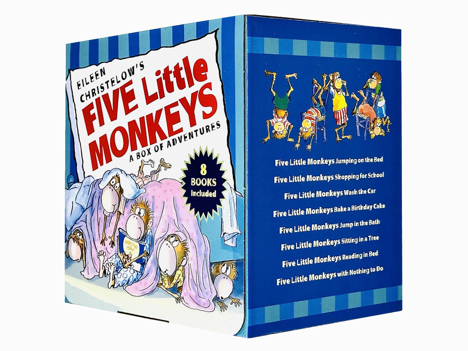 Eight board books from the Five Little Monkeys Adventures series by Eileen Christelow in a colorful box set for ages 3-7.