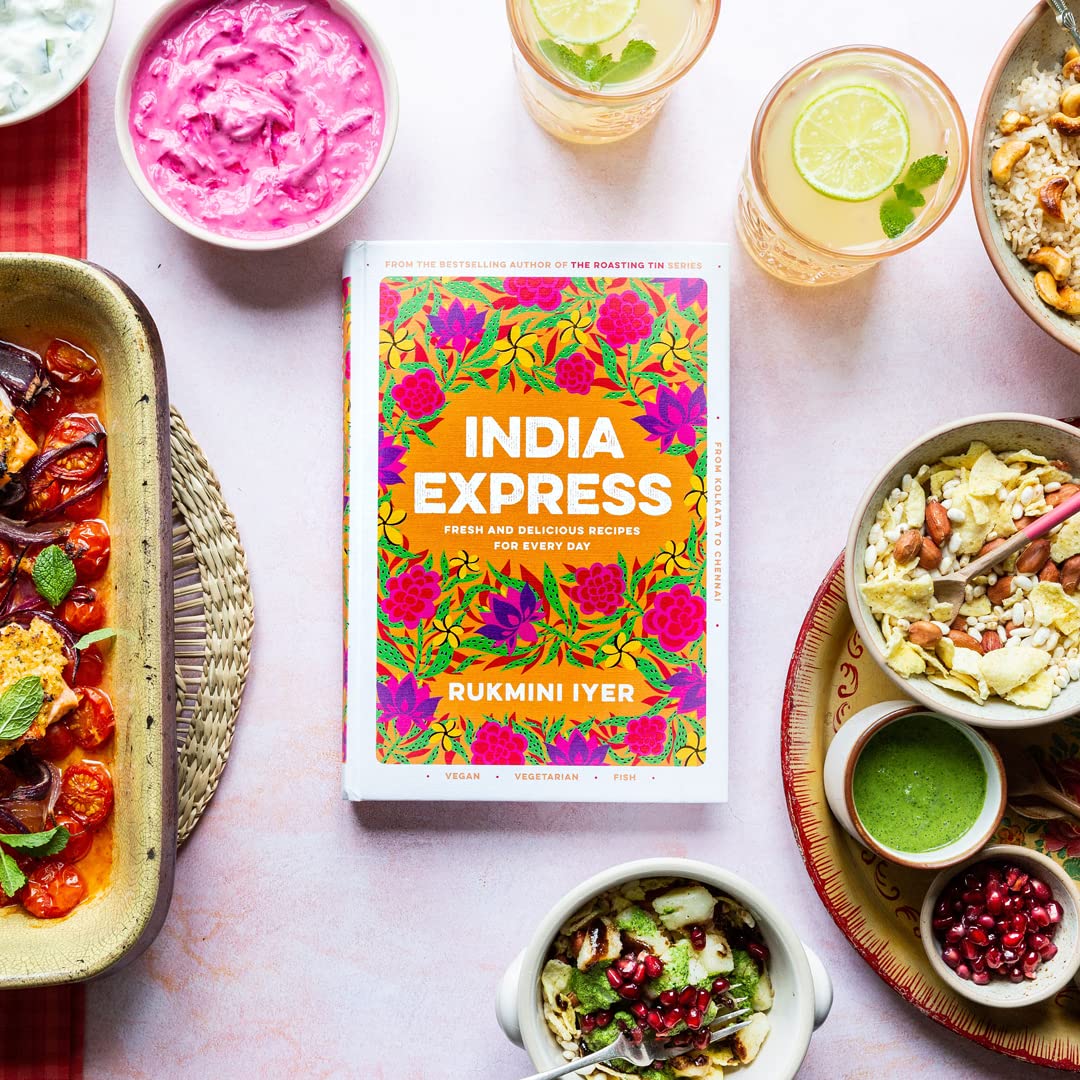 Hardback copy of "India Express" by Rukmini Iyer, showcasing the book cover with vibrant colors and engaging design.
