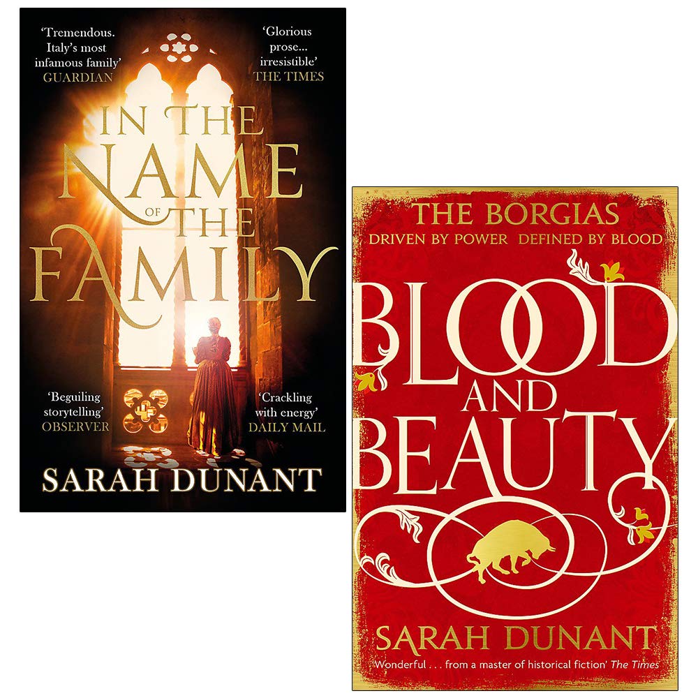 Two paperback books, "Blood & Beauty" by Sarah Dunant, displayed together in a collection set on a neutral background.