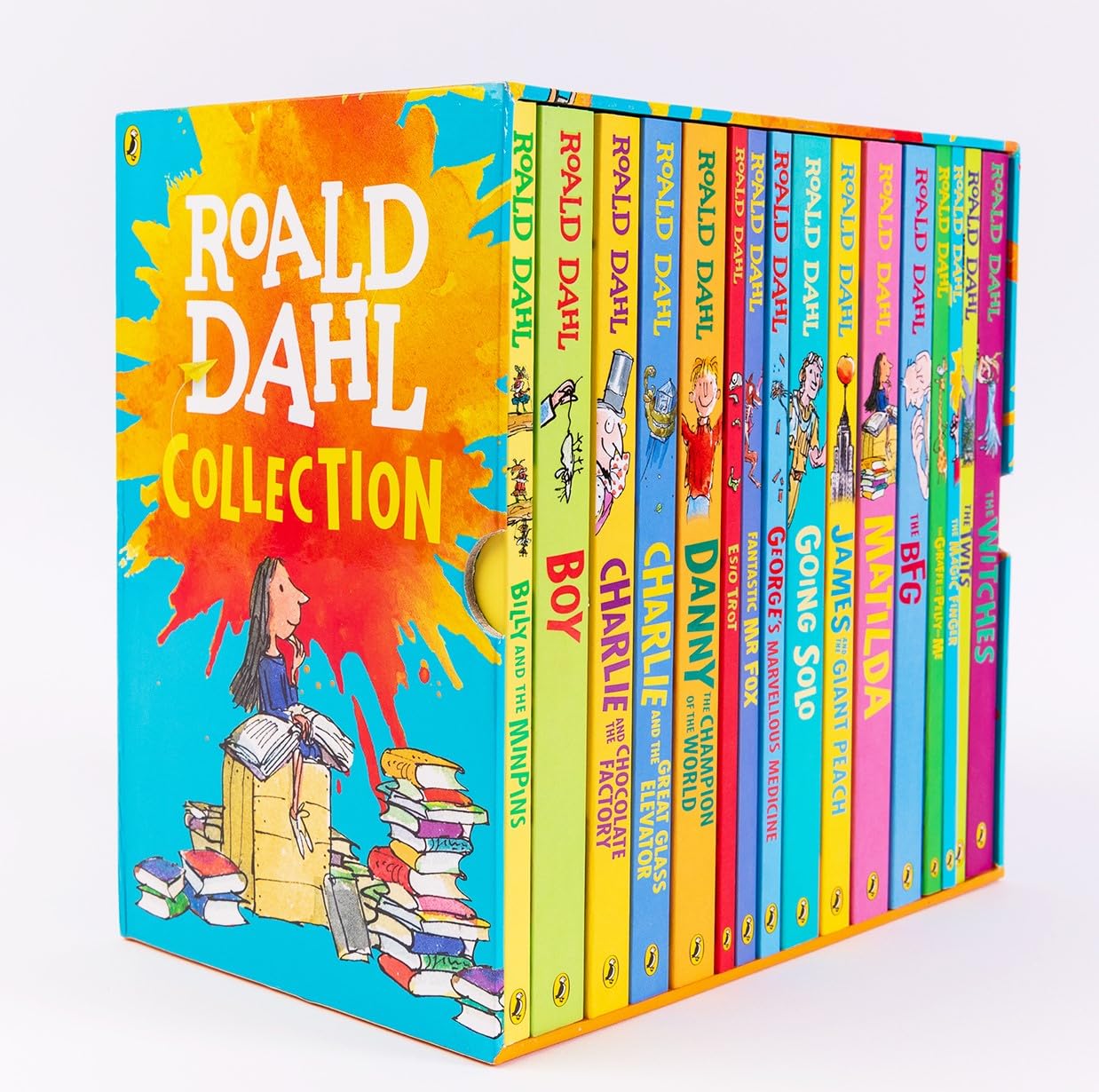 Roald Dahl Penguin box set of 16 paperback books for children aged 7 to 12, featuring colorful covers and classic stories.