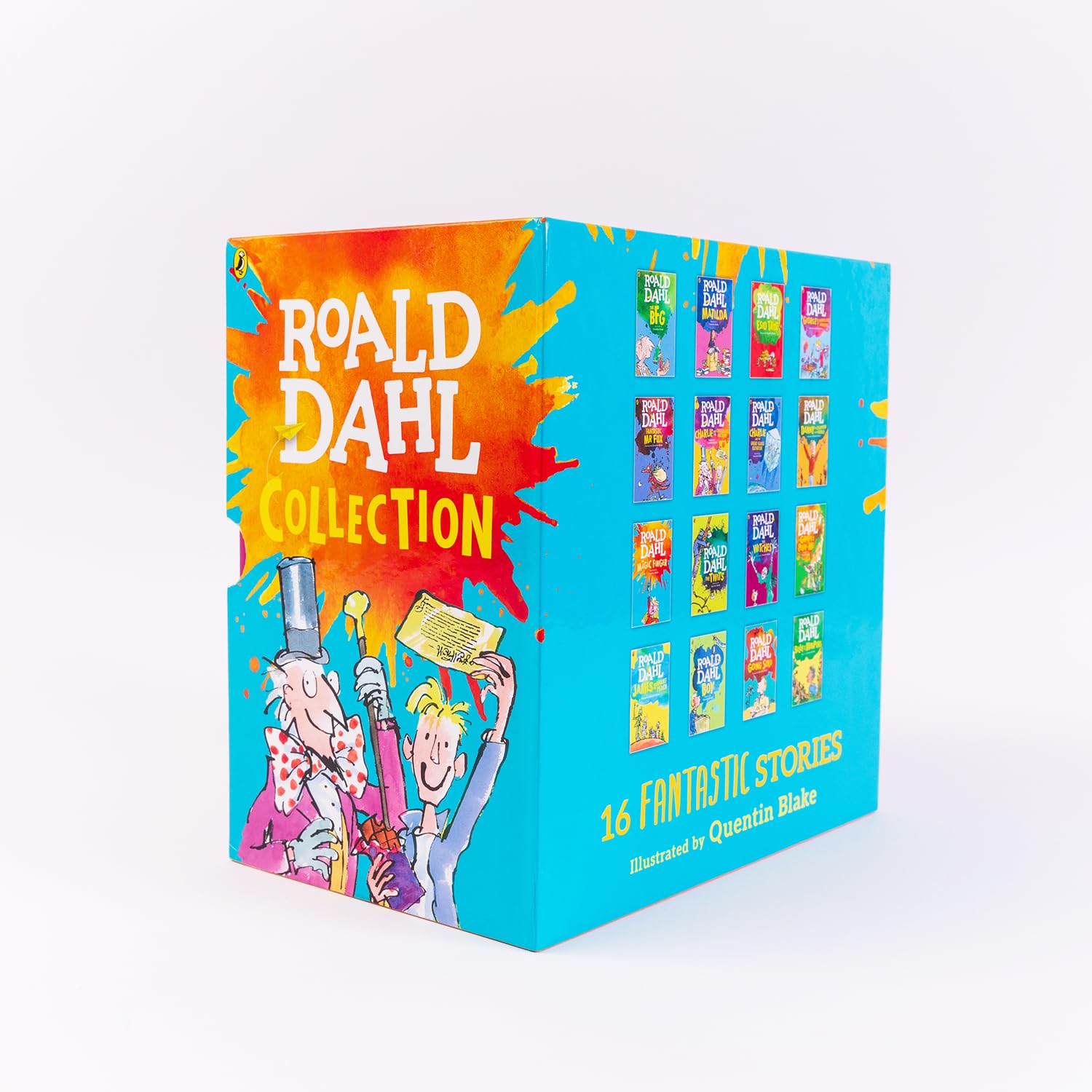 Roald Dahl box set of 16 paperback books by Penguin, featuring classic stories for children ages 7 to 12.