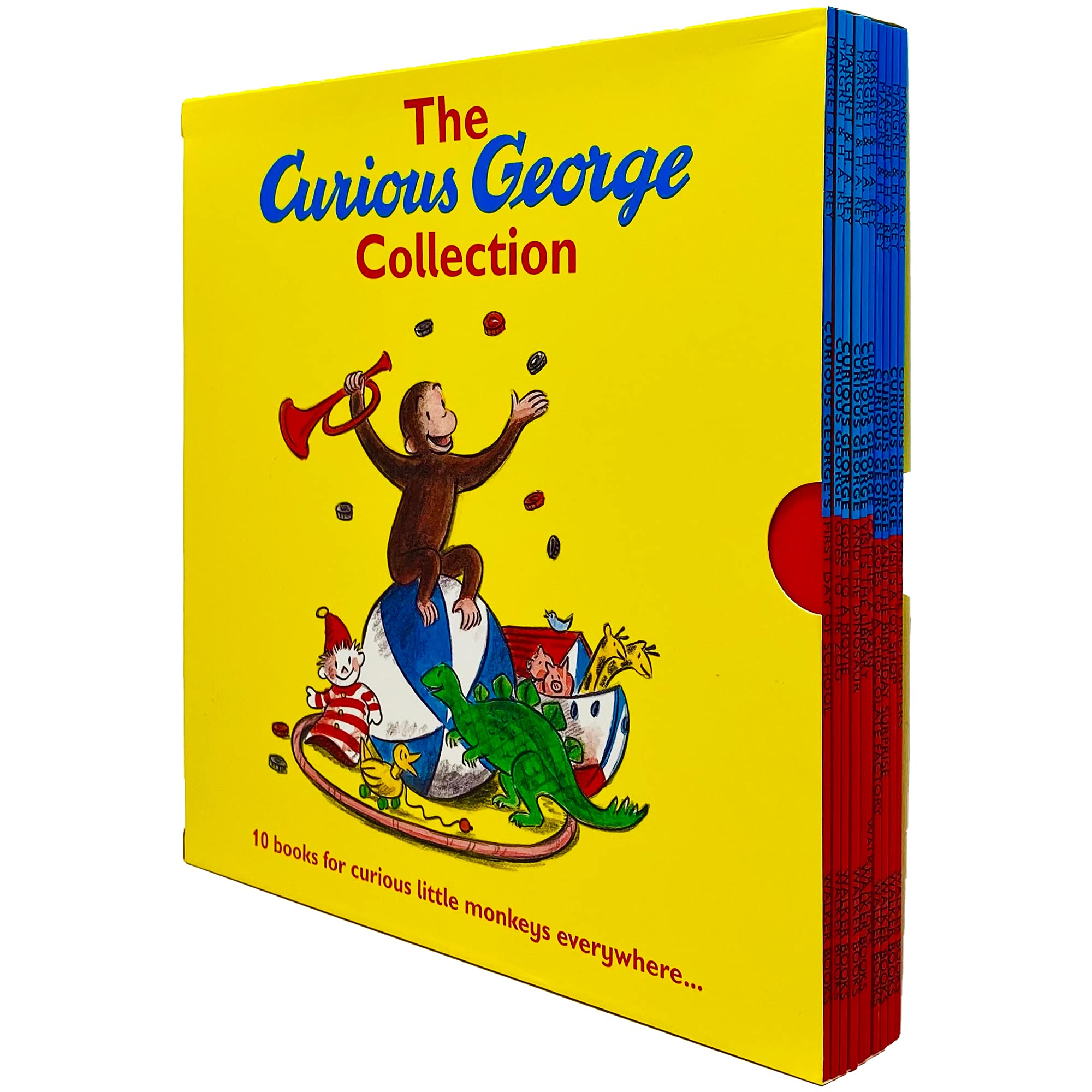 Curious George book collection by Margret Rey with 10 paperback books for children ages 3 to 7, featuring the iconic monkey character.