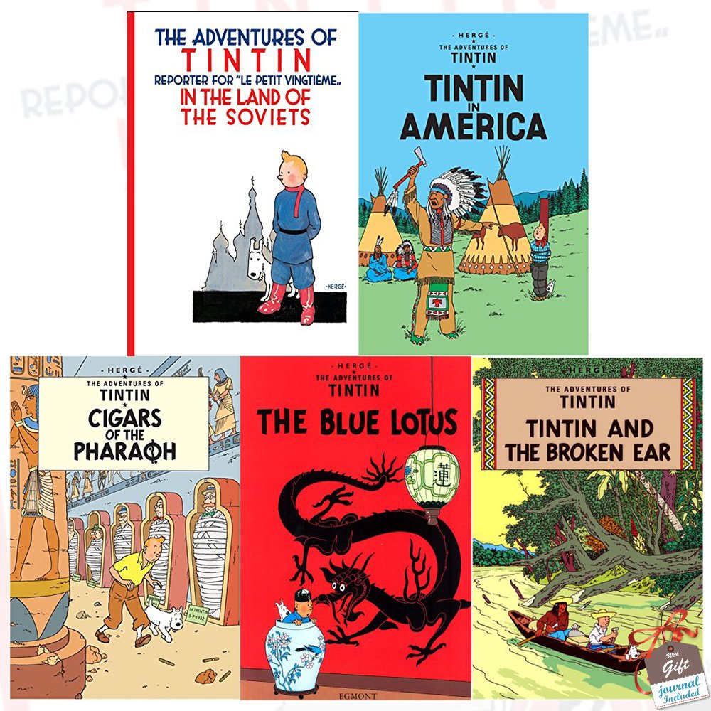 Tintin Collection by Hergé, five paperback books set featuring colorful covers and classic comic art.