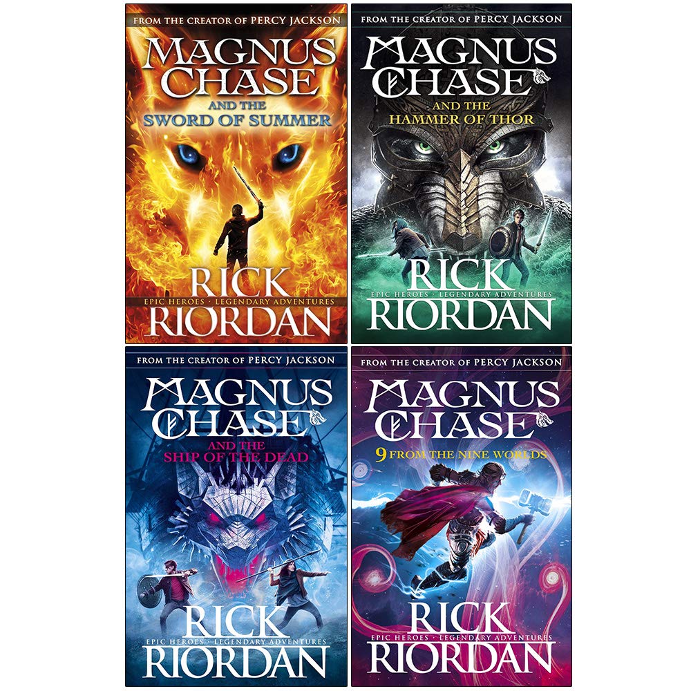 Magnus Chase Series by Rick Riordan, 4 paperback books collection set featuring vibrant covers and engaging fantasy themes.