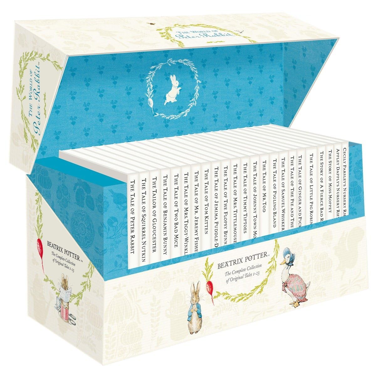 Set of 23 hardcover Beatrix Potter Peter Rabbit books by Warne, featuring classic illustrations for children ages 3 to 7.