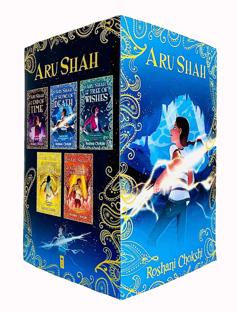 A set of five paperback Aru Shah Series books by Roshani Chokshi, fiction collection from Scholastic Ltd featuring colorful covers.