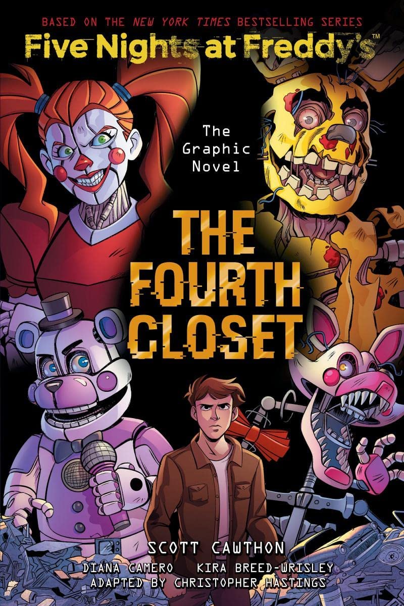 Five Nights at Freddy's novel set by Scott Cawthon featuring three paperback fiction books on a shelf.