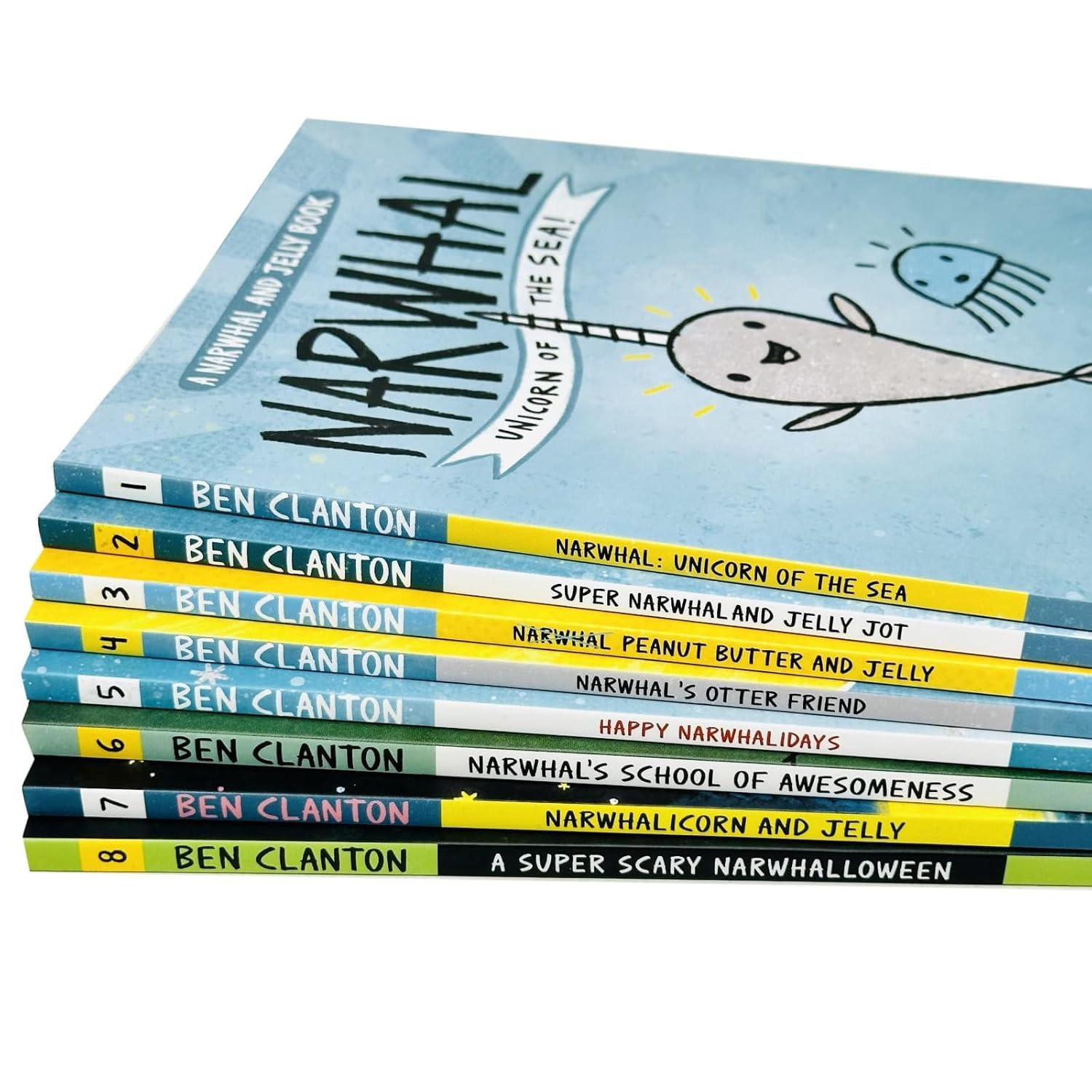 Set of eight paperback Narwhal and Jelly books by Ben Clanton for ages 3 to 7, featuring colorful characters and fun illustrations.