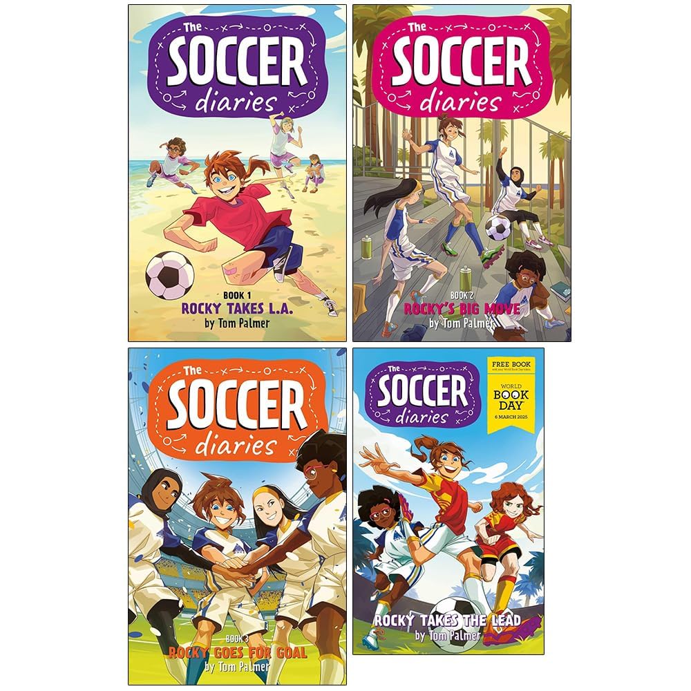 The Soccer Diaries by Tom Palmer, 4 paperback books collection for ages 7-12, featuring vibrant cover illustrations.