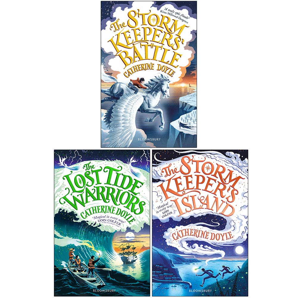 Storm Keeper Trilogy by Catherine Doyle, three young adult paperback books stacked on a wooden surface.