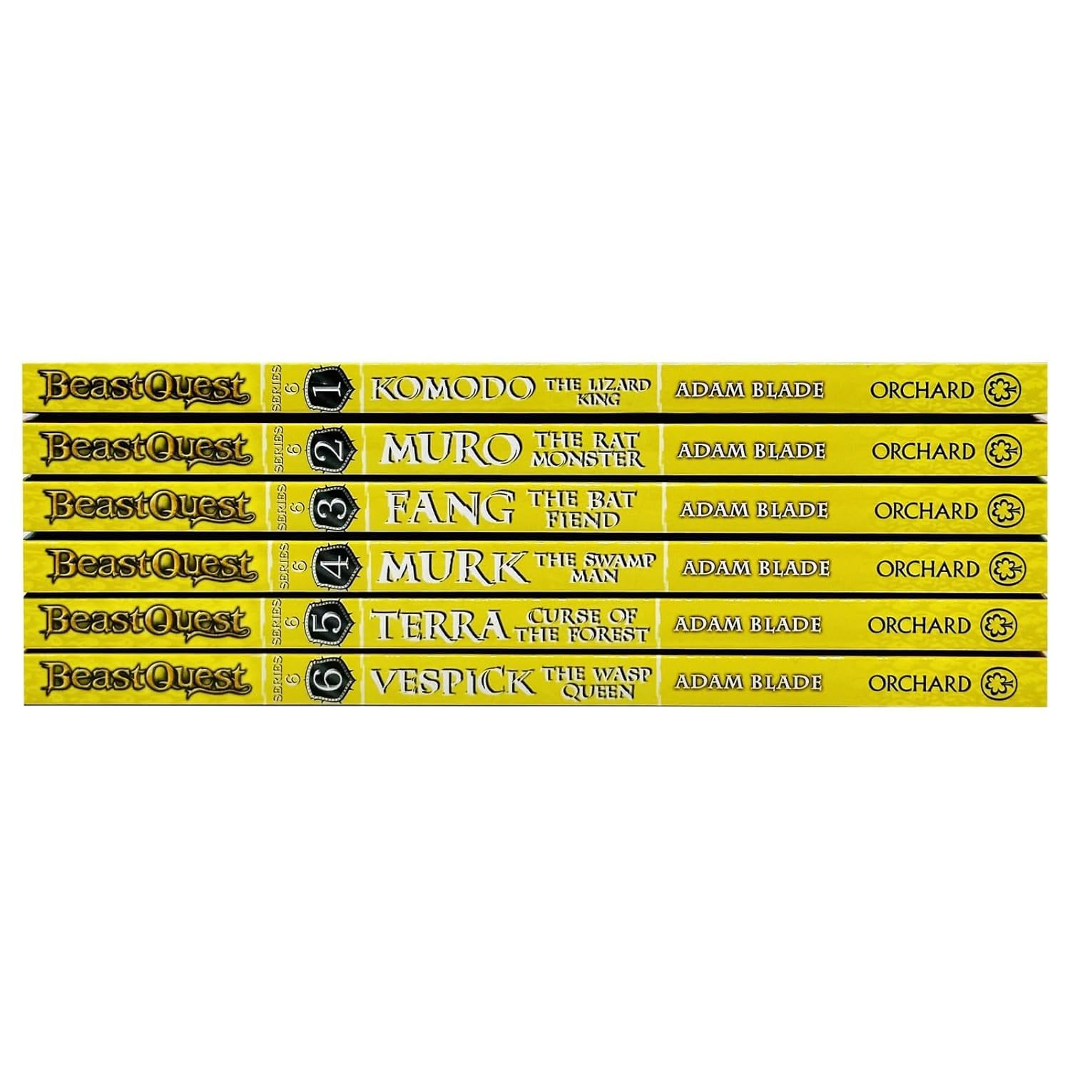 Beast Quest paperback book collection by Adam Blade for ages 7-9, featuring vibrant covers of six adventure stories.