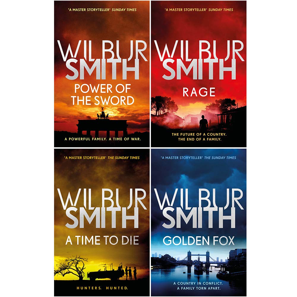 The Courtney Series by Wilbur Smith, four paperback novels stacked on a table, showcasing vibrant covers and titles.