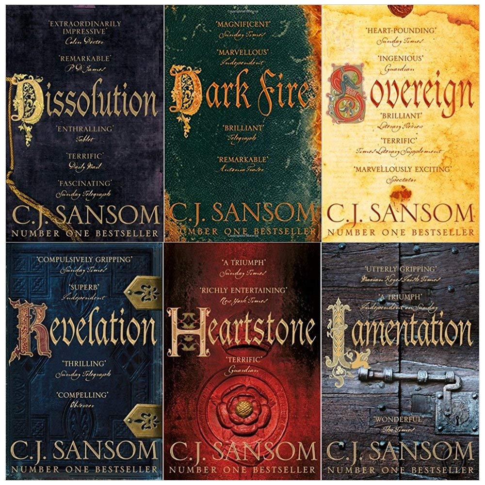 C.J. Sansom paperback collection featuring six fiction books with distinct covers stacked together.