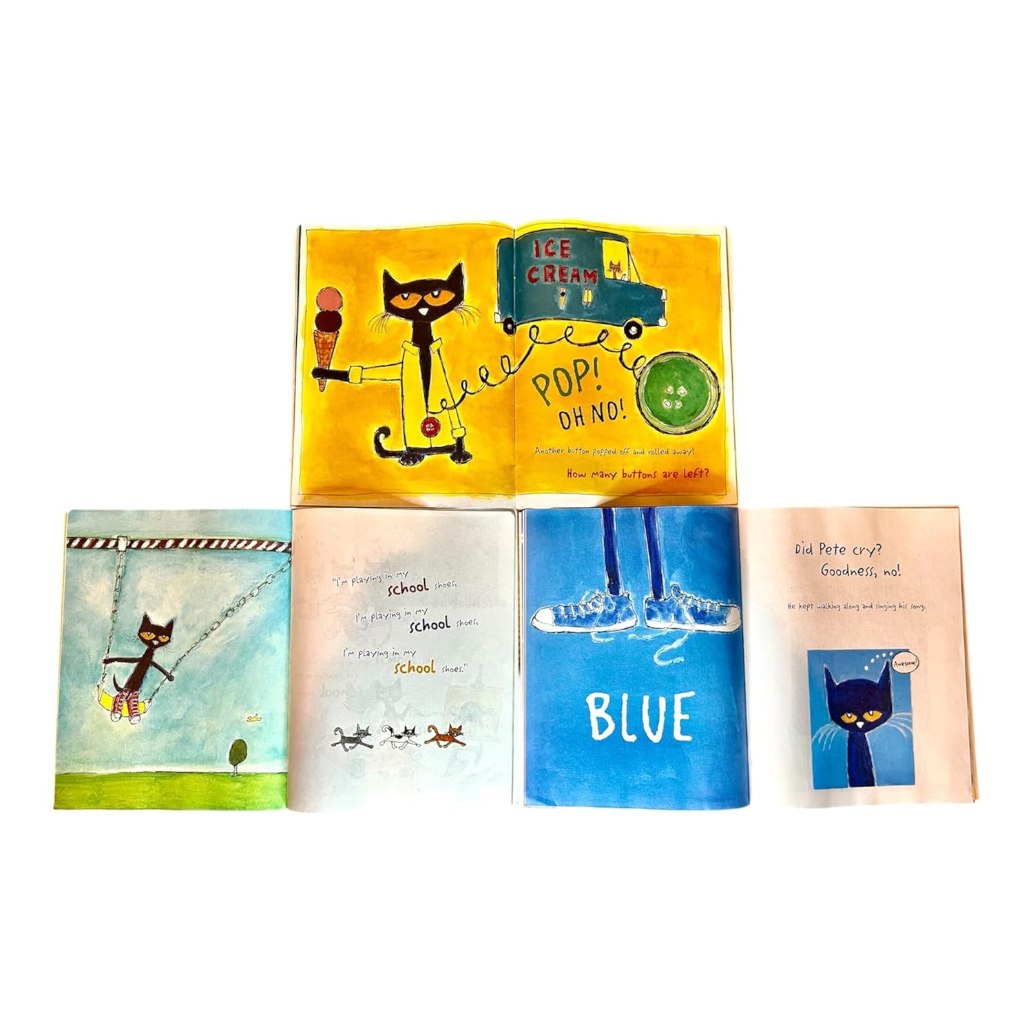 Set of five Pete the Cat paperback books by Eric Litwin and Kimberly Dean, featuring colorful cartoon illustrations for children.