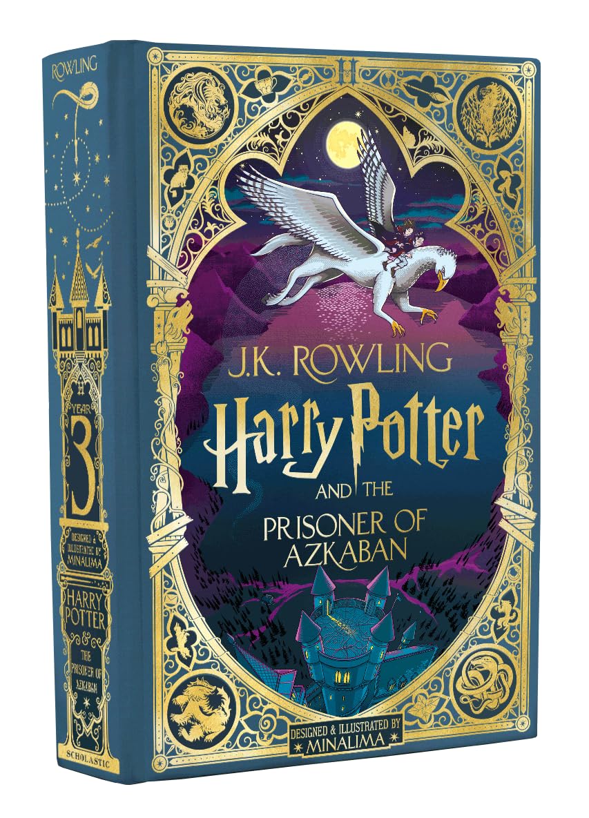 HP Minalima by J K Rowling hardback book collection set featuring three fiction titles in a colorful display.