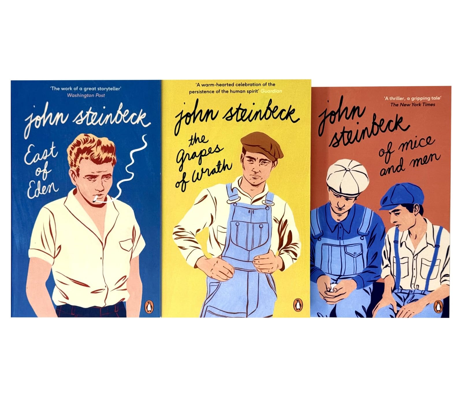 Three paperback John Steinbeck books from the Mr. John Steinbeck Collection by Penguin, featuring classic fiction titles in the set.