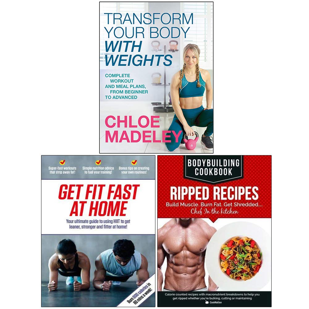 Three paperback books from Chloe Madeley's "Transform Your Body With Weights" collection on a wooden surface.