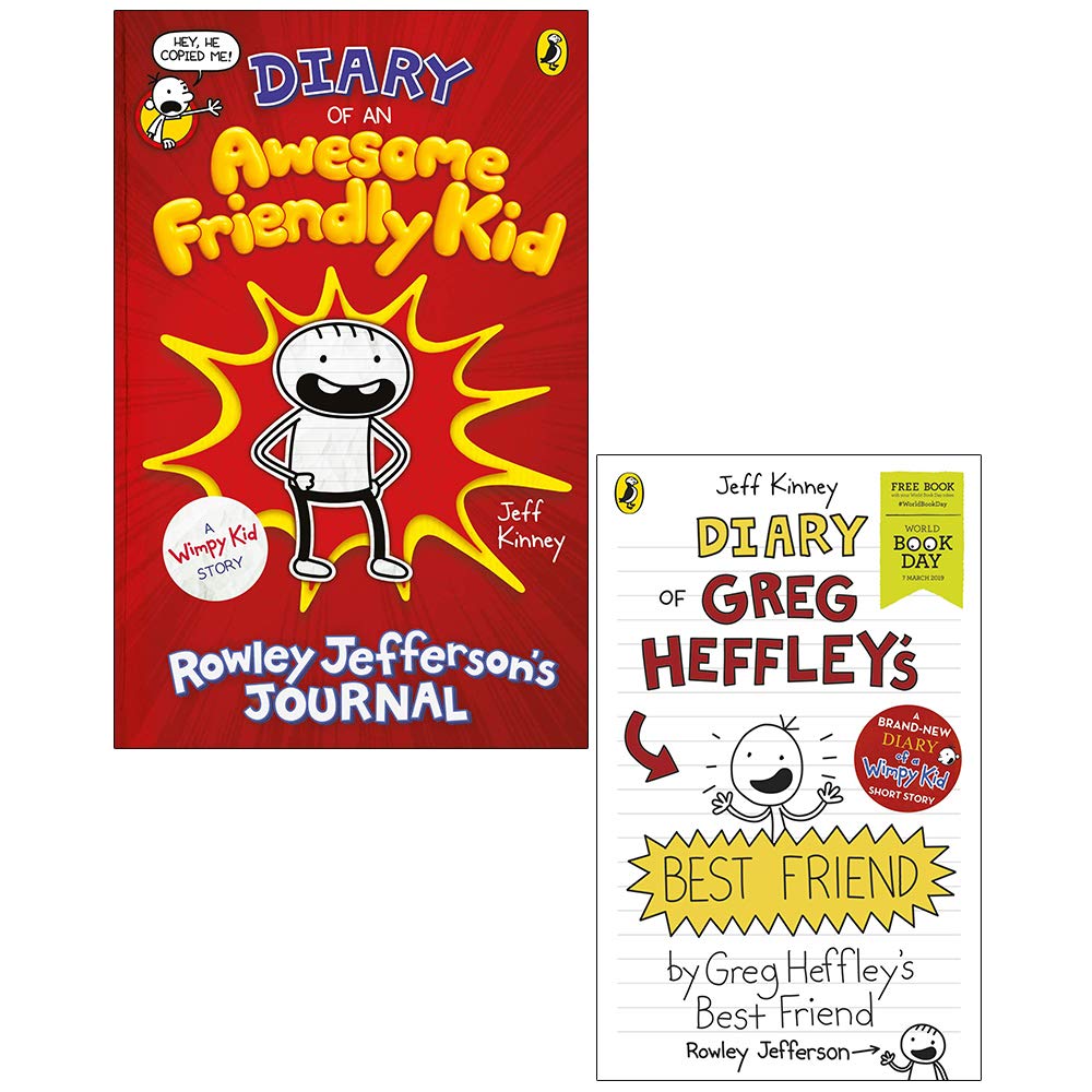 Two paperback books from the "Diary of an Awesome Friendly Kid" collection by Jeff Kinney, featuring colorful covers.