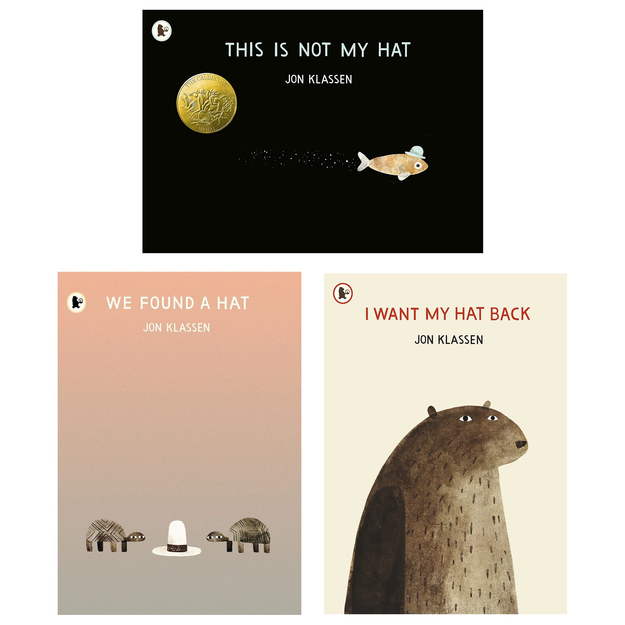 Three paperback books from the Hat Trilogy by Jon Klassen, featuring colorful covers for ages 4-8.