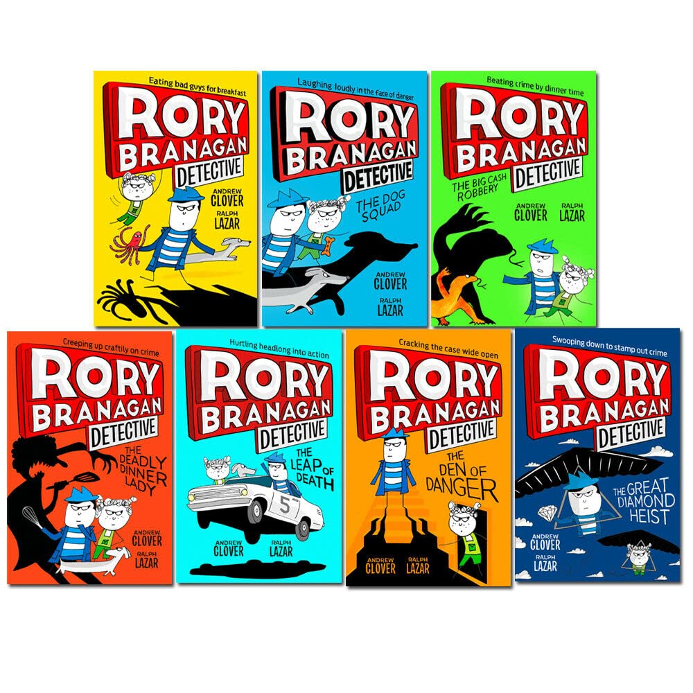 Rory Branagan Detective Series by Andrew Clover, four paperback books stacked, featuring colorful covers and engaging artwork.