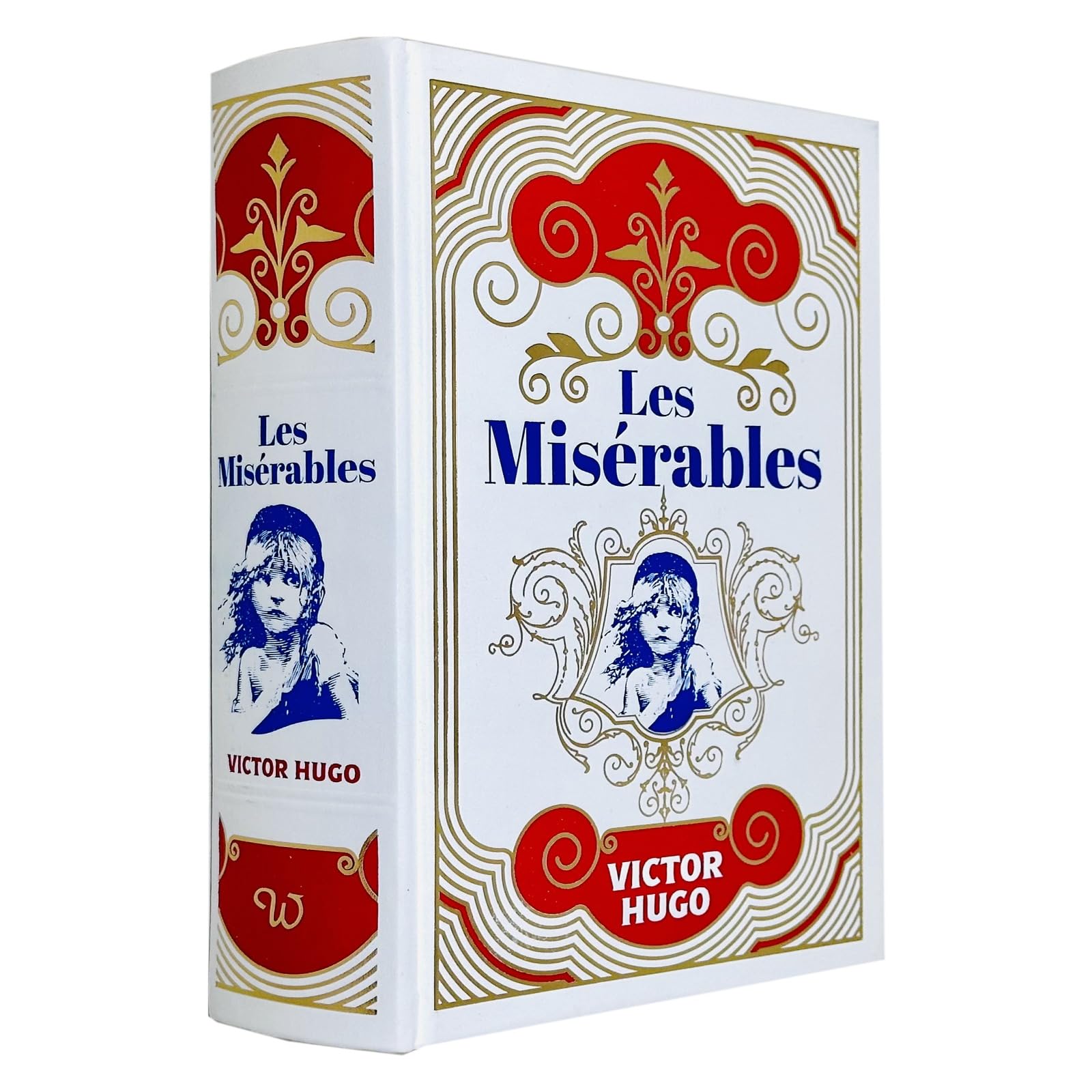 Hardback edition of Les Miserables by Victor Hugo, featuring a classic cover design and rich, textured binding.