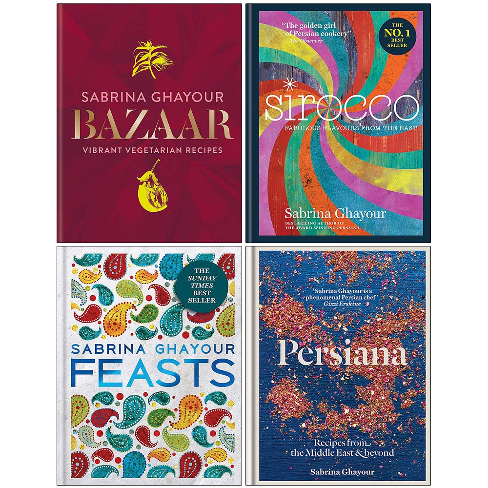 Sabrina Ghayour 4 Books Collection Set in hardback, showcasing covers with vibrant designs and engaging typography.