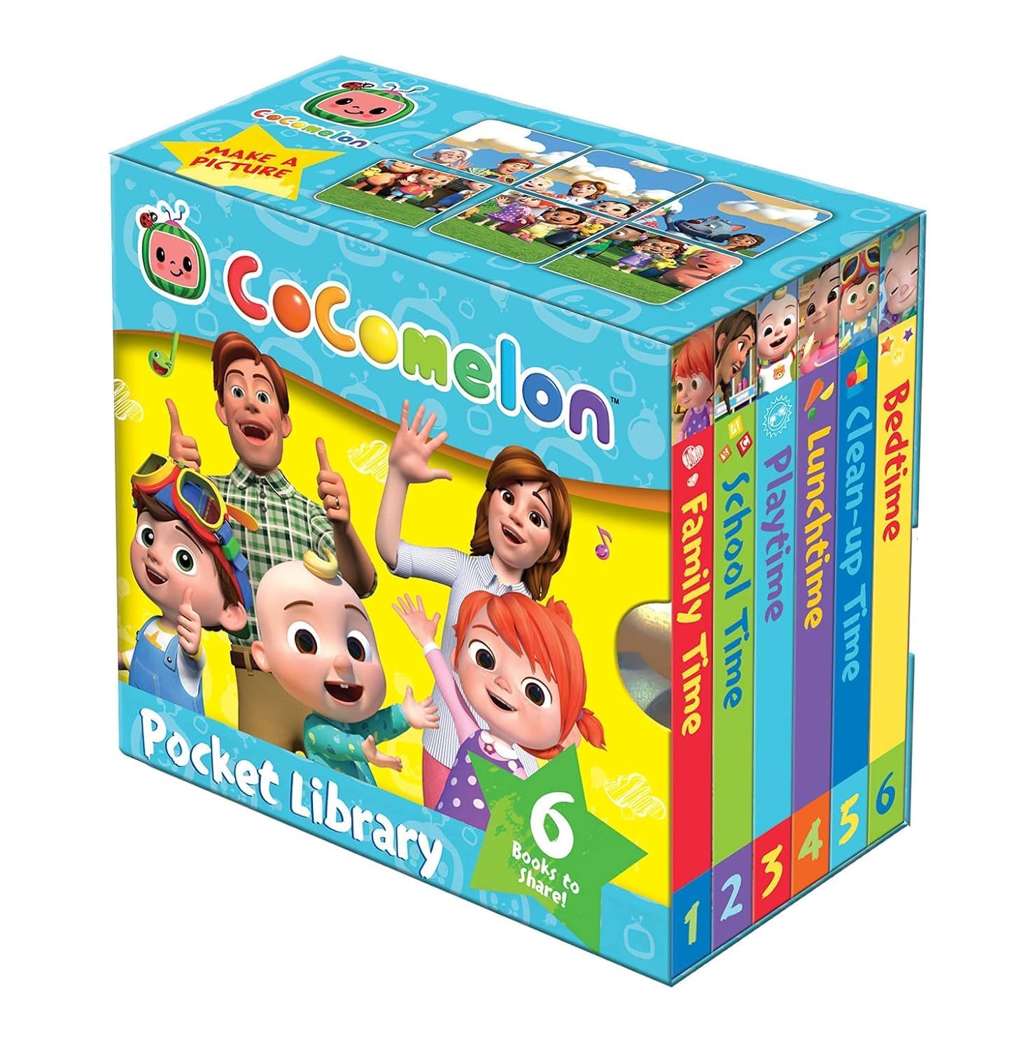 Cocomelon 12 book collection set featuring colorful board books for kids by Farshore Ltd, displayed on a bright background.