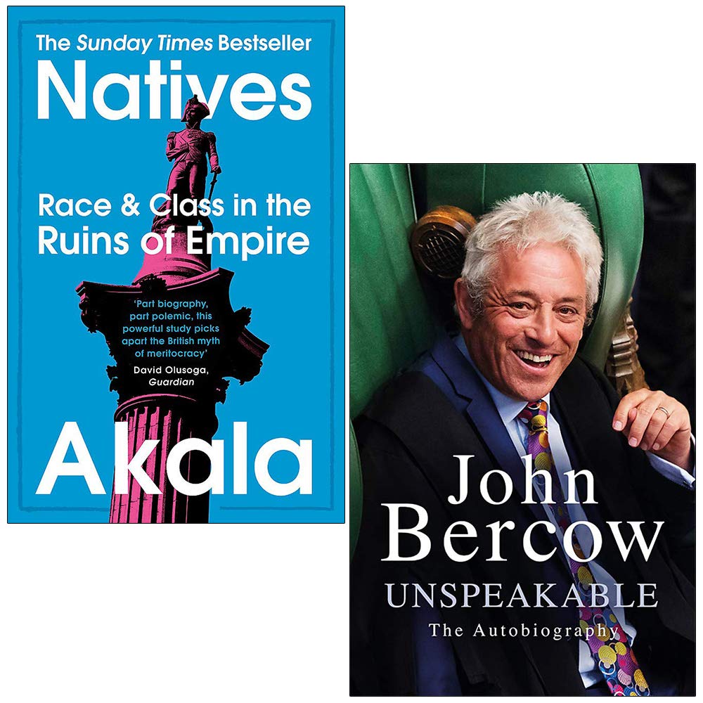 Akala and John Bercow paperback book collection set featuring two non-fiction titles on a white background.