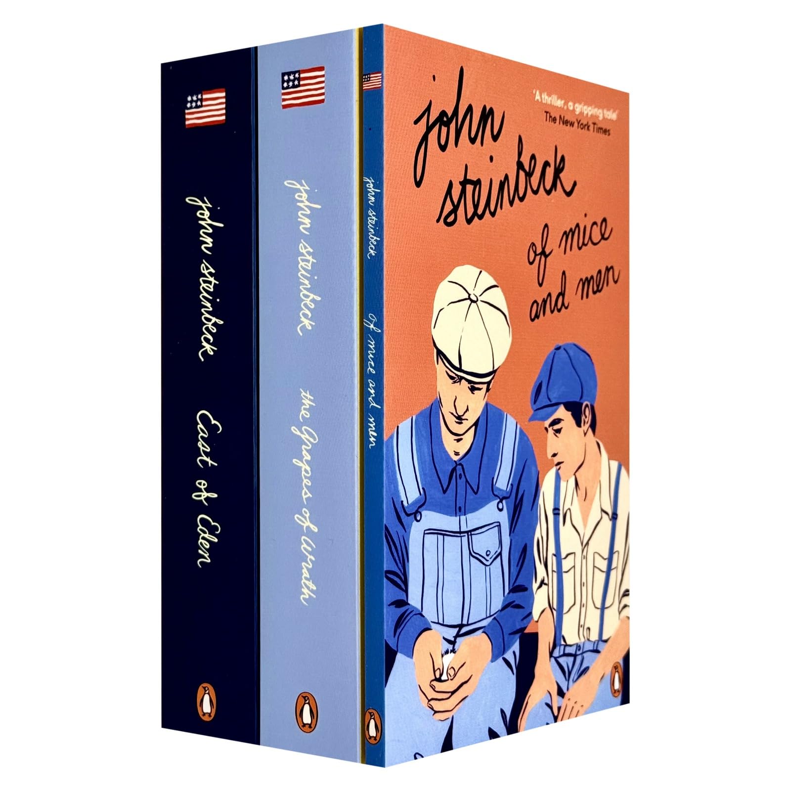 Three paperback books from the John Steinbeck Mr. John Steinbeck Collection set, featuring classic fiction stories by Penguin.