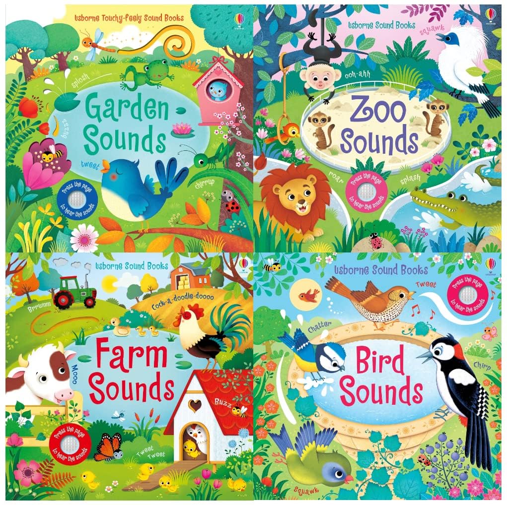 Usborne Sound Books Collection by Sam Taplin featuring four board books for children ages 0-5 with colorful illustrations.