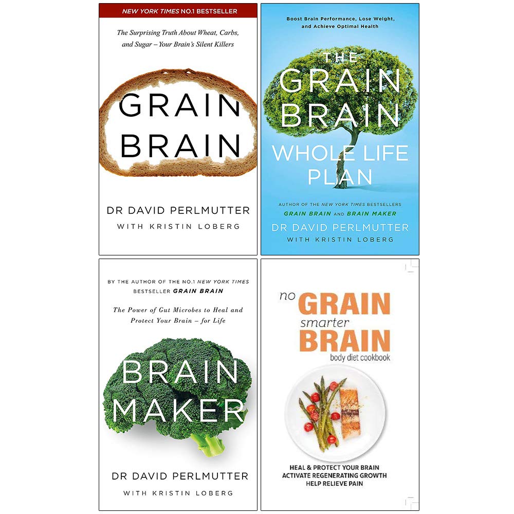Grain Brain Series by David Perlmutter, 4 paperback books set, featuring vibrant covers on a white background.