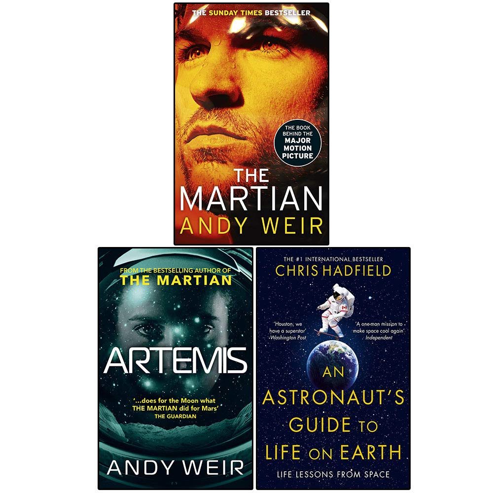 Martian Collection by Andy Weir, three paperback fiction books stacked together on a wooden surface.