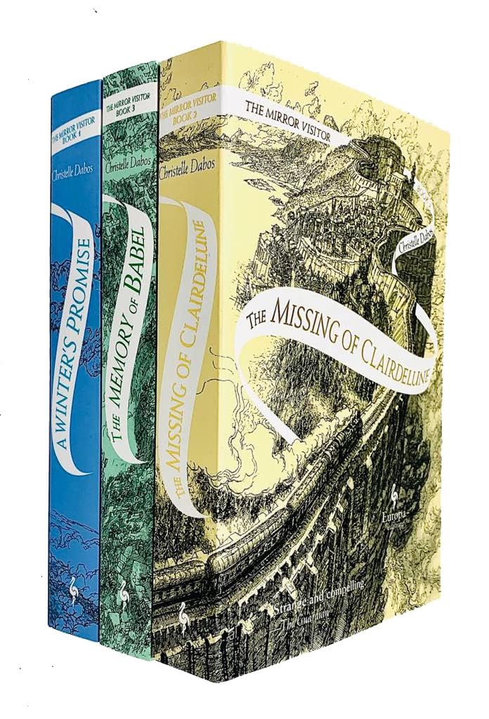 Three paperback books from the Mirror Visitor Quartet by Christelle Dabos, featuring vibrant covers and captivating designs.
