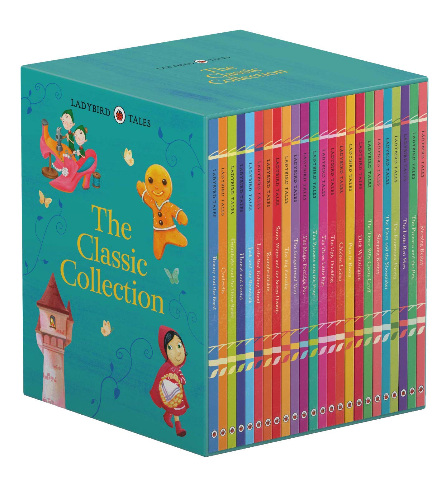 Ladybird Books Classic Collection box set with 24 hardback children's books for ages 3 to 7, featuring colorful covers and illustrations.