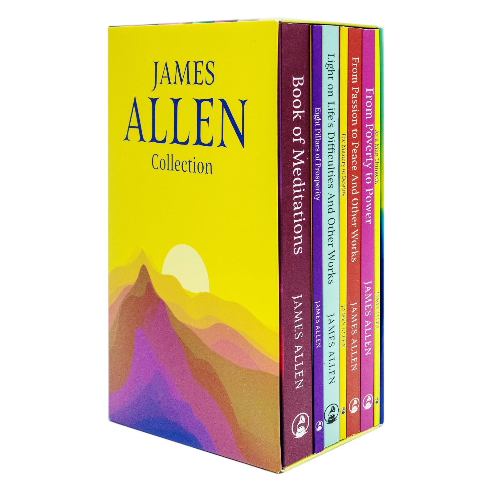 Set of seven James Allen classic editions in paperback, featuring non-fiction titles with elegant cover designs, displayed together.