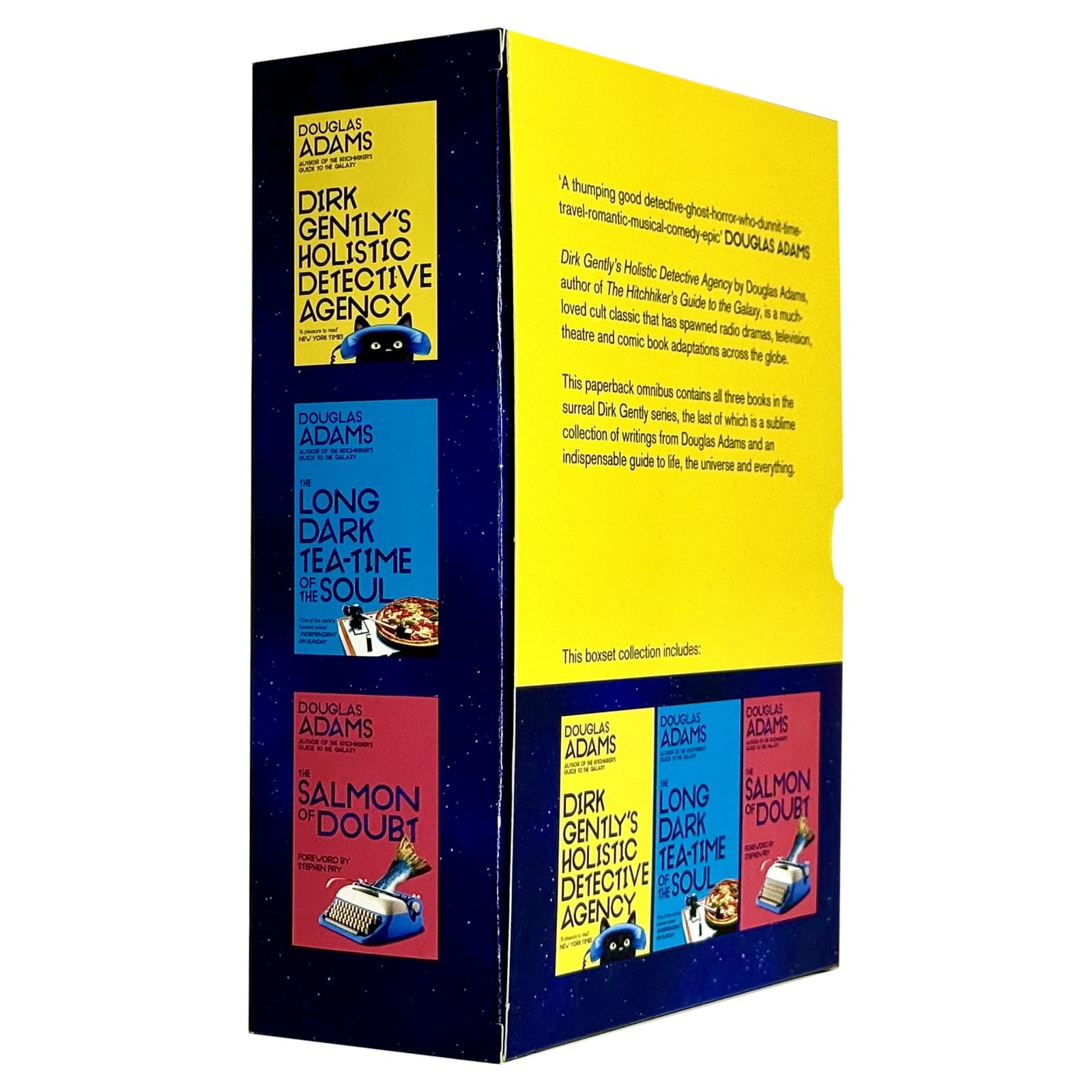 Douglas Adams Dirk Gently Collection box set with three paperback fiction books by Macmillan Ltd featuring colorful cover art
