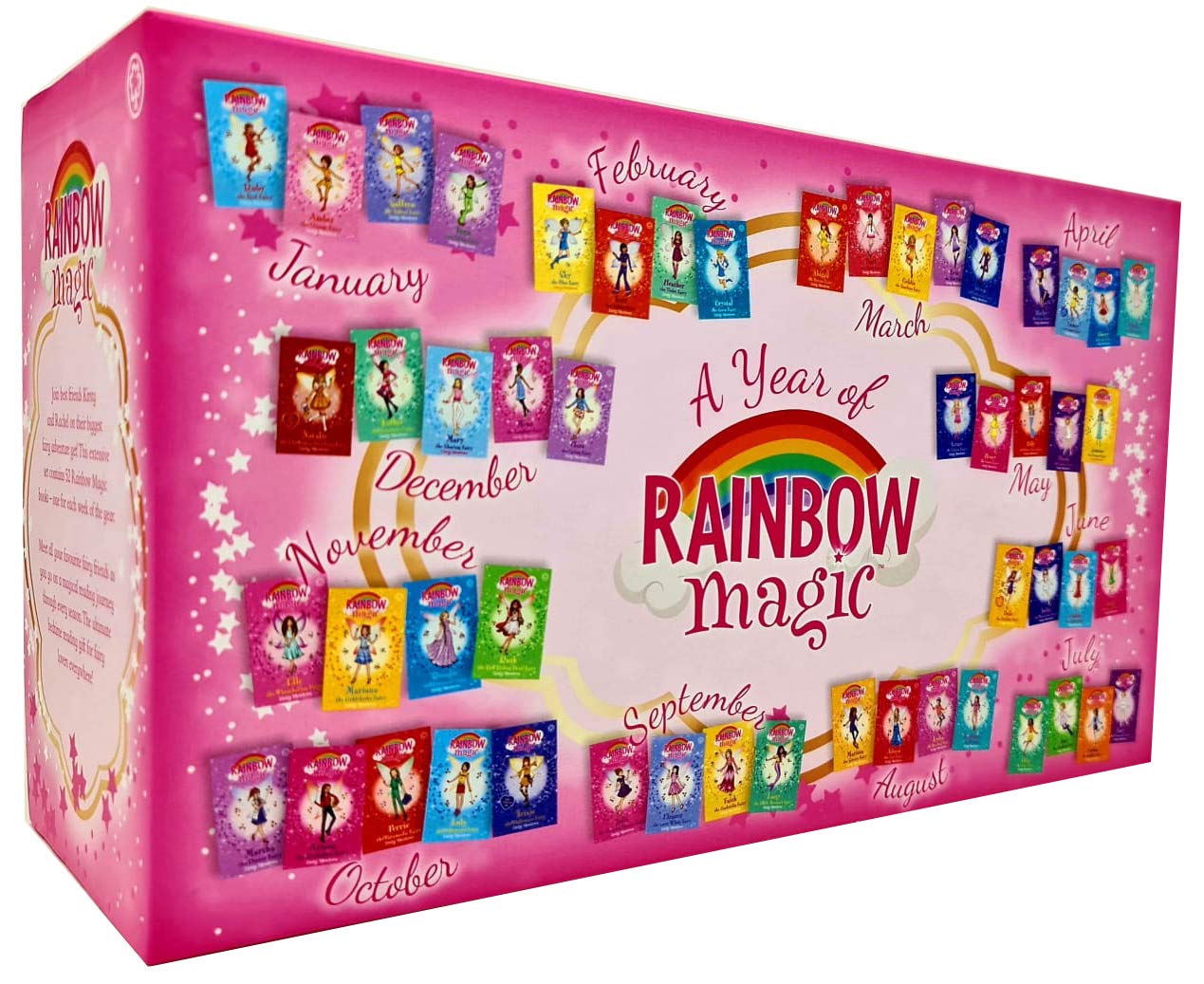 Rainbow Magic Series by Daisy Meadows 52 paperback books collection for ages 5+, featuring colorful covers and magical fairy illustrations.