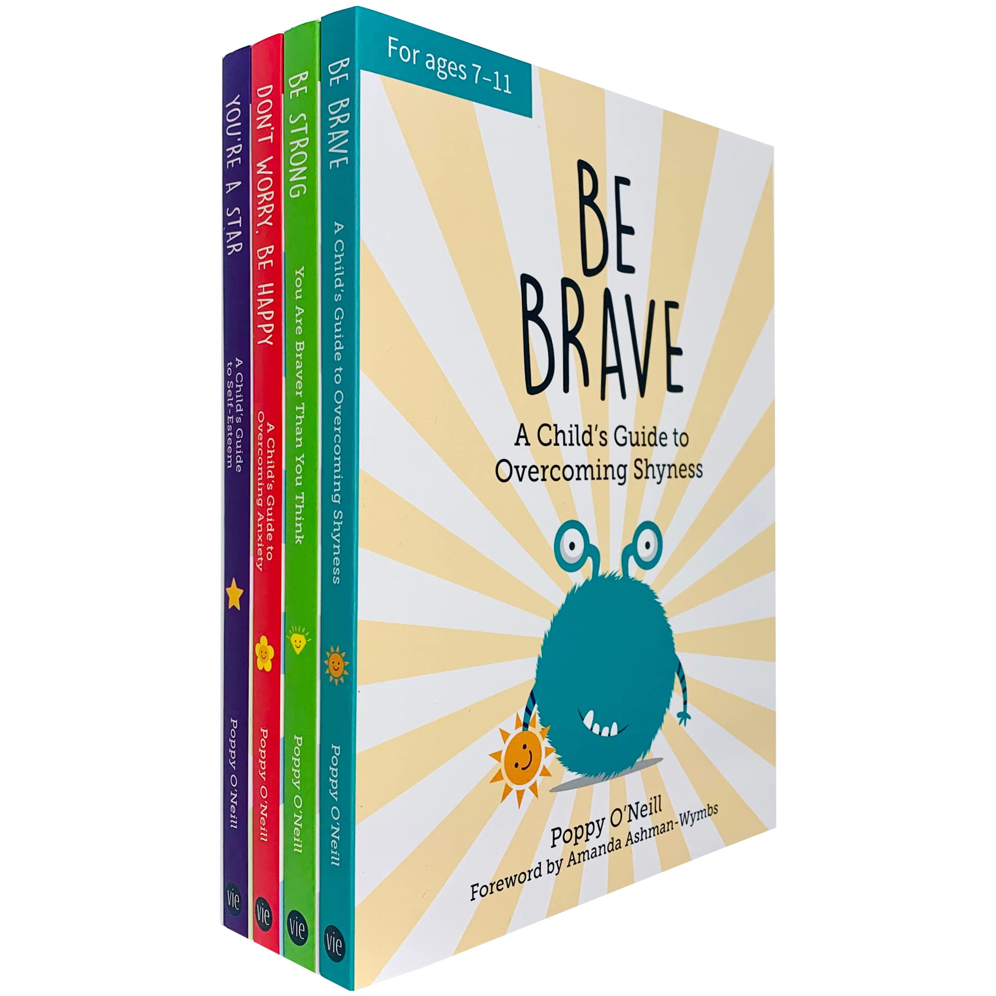 Four paperback children's books on emotions by Poppy O'Neill, part of the A Child's Guide to Emotions collection by Vie Ltd.