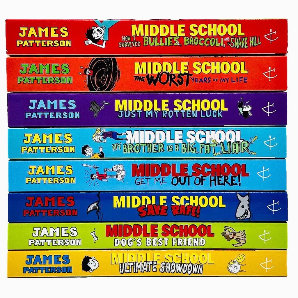 Set of eight James Patterson Middle School paperback books for ages 9–12, featuring colorful covers and arrow design.
