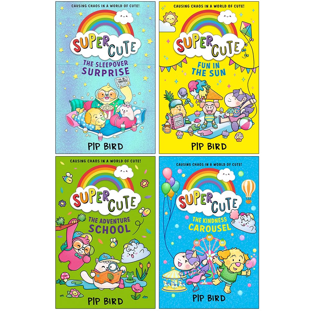 Four paperback books from the Super Cute Series by Pip Bird for ages 3–7, featuring colorful illustrated covers.