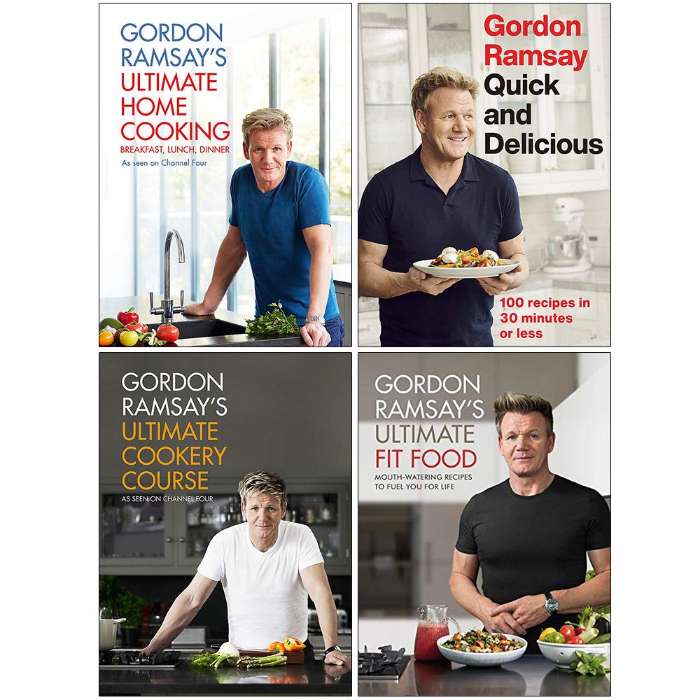 Gordon Ramsay Collection hardcover set of 4 cookbooks: Ultimate Home Cooking, Quick & Delicious, and more.
