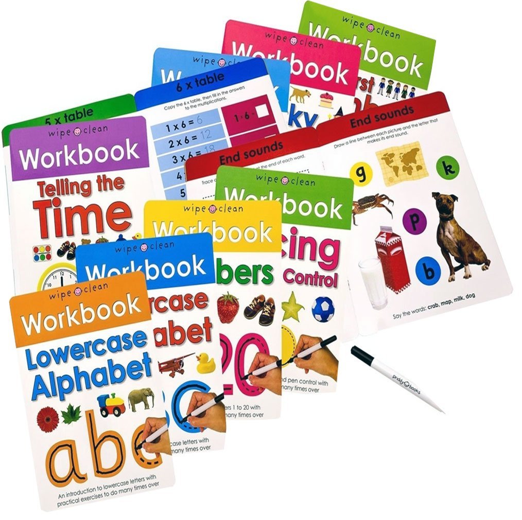 Wipe-clean workbook collection by Roger Priddy, 10 board books for ages 3-5, featuring colorful, engaging educational activities.