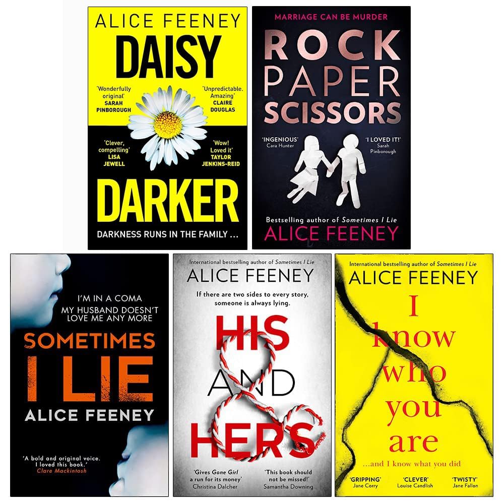 Set of five Alice Feeney fiction paperback books from the Macmillan/HQ Ltd collection, featuring colorful covers and titles.